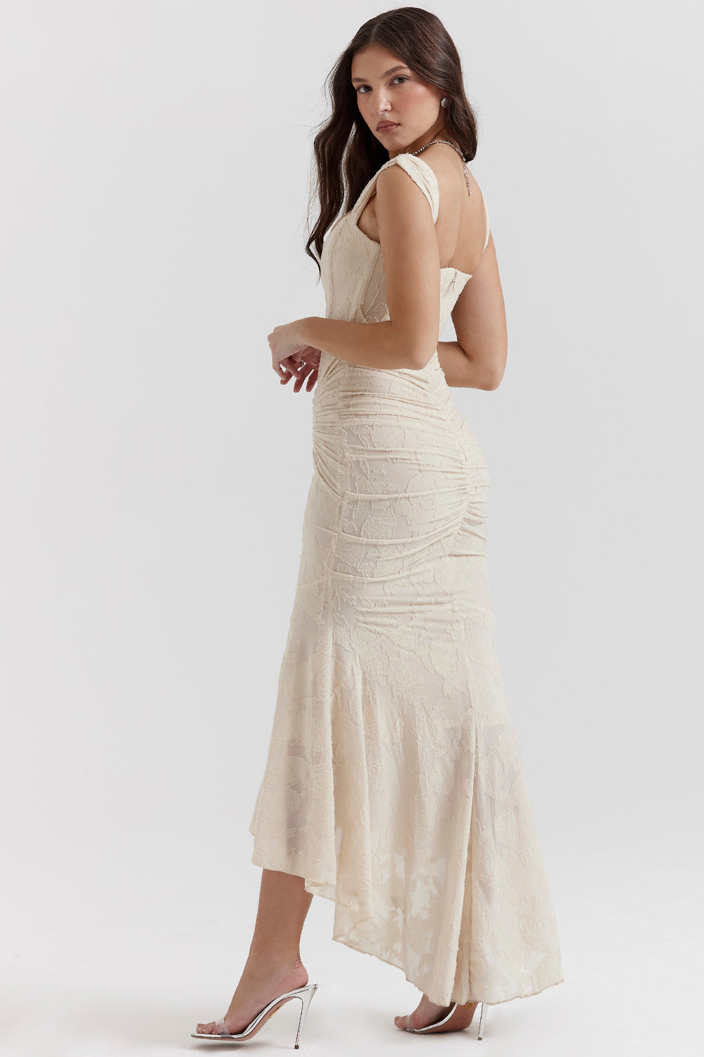 Women's Maxi Dress with Corset Bodice and Ruched Lace Devor¨¦ Finish
