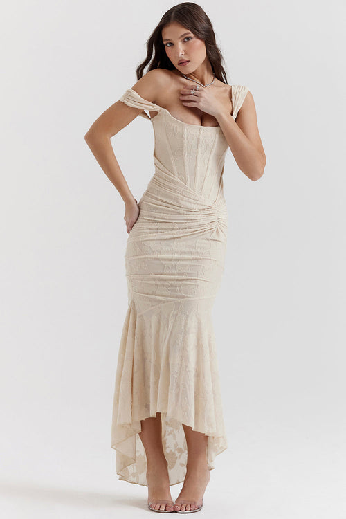 Women's Maxi Dress with Corset Bodice and Ruched Lace Devor¨¦ Finish