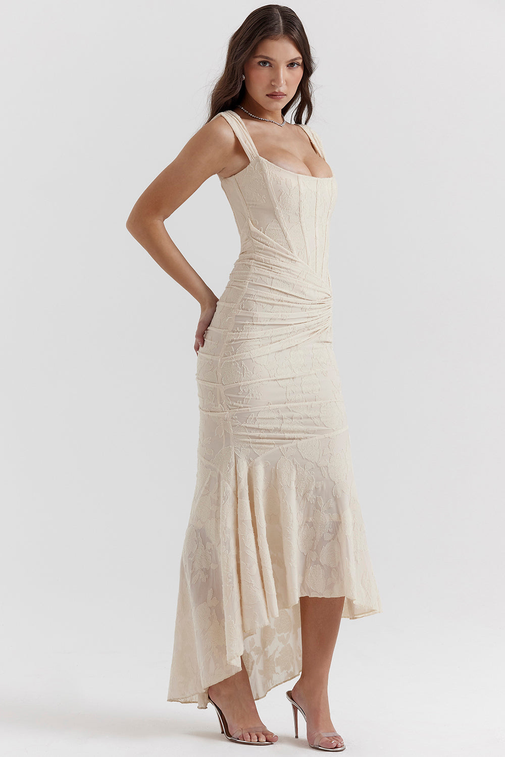 Women's Maxi Dress with Corset Bodice and Ruched Lace Devor¨¦ Finish