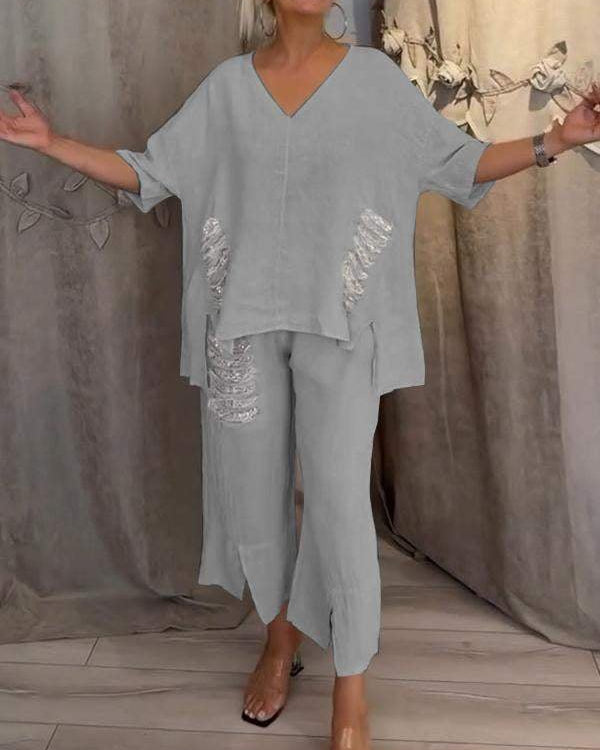 Women’s Two Piece Set V-Neck Oversized Top and Cropped Wide Leg Pants