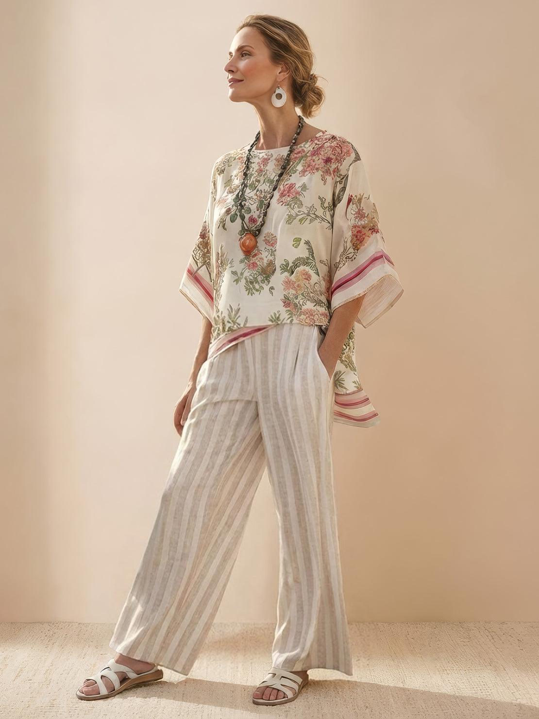 Women’s Two-Piece Set Floral Kimono Top and Striped Wide-Leg Pants