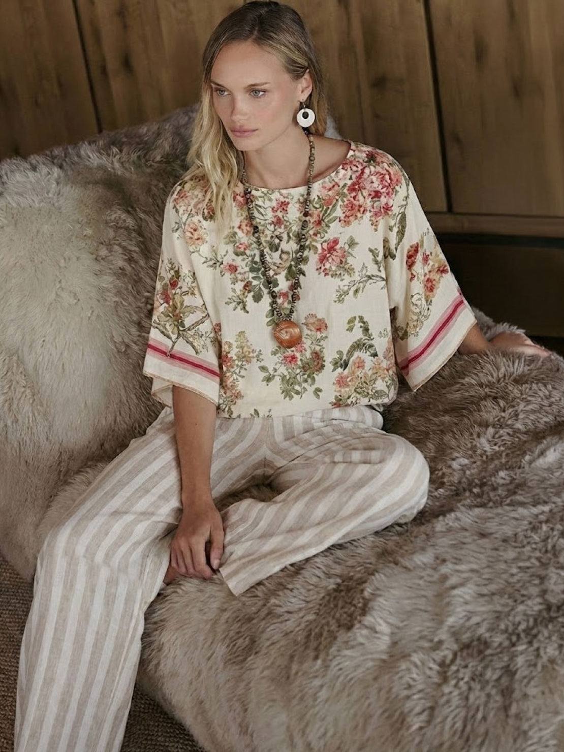 Women’s Two-Piece Set Floral Kimono Top and Striped Wide-Leg Pants