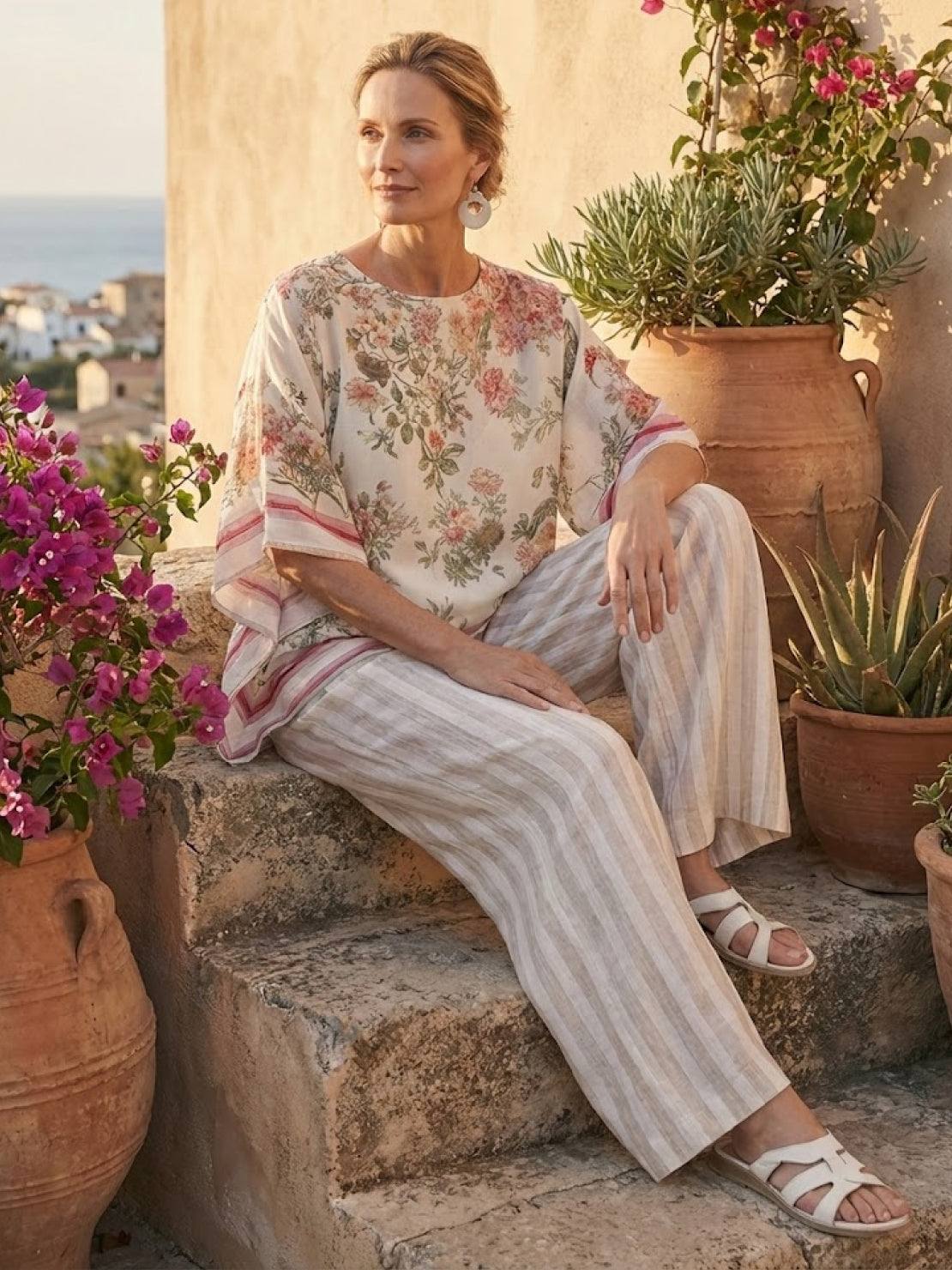 Women’s Two-Piece Set Floral Kimono Top and Striped Wide-Leg Pants