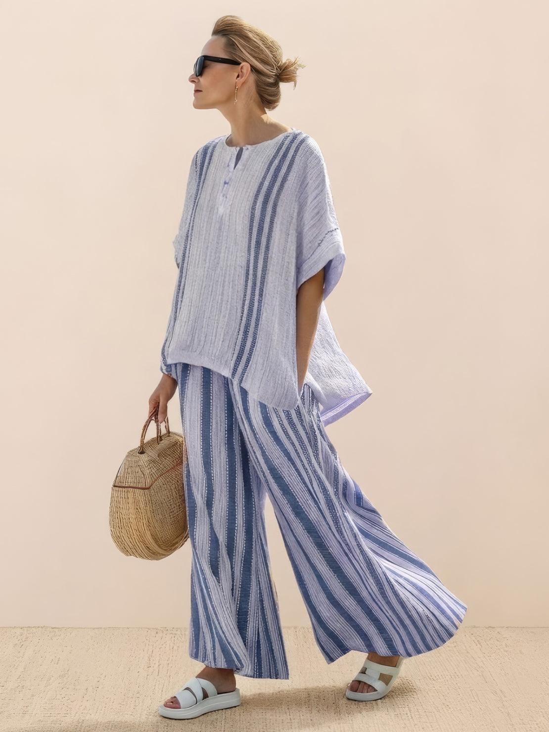 Women’s Two-Piece Set Floral Kimono Top and Striped Wide-Leg Pants