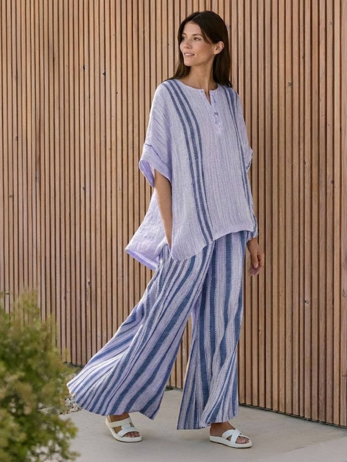 Women’s Two-Piece Set Floral Kimono Top and Striped Wide-Leg Pants