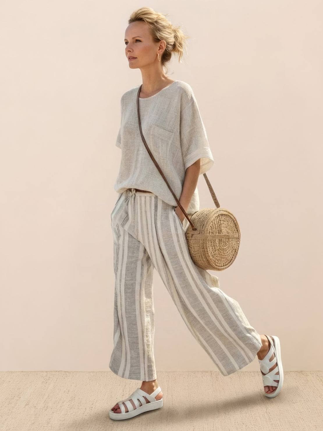 Women’s Two-Piece Set Floral Kimono Top and Striped Wide-Leg Pants