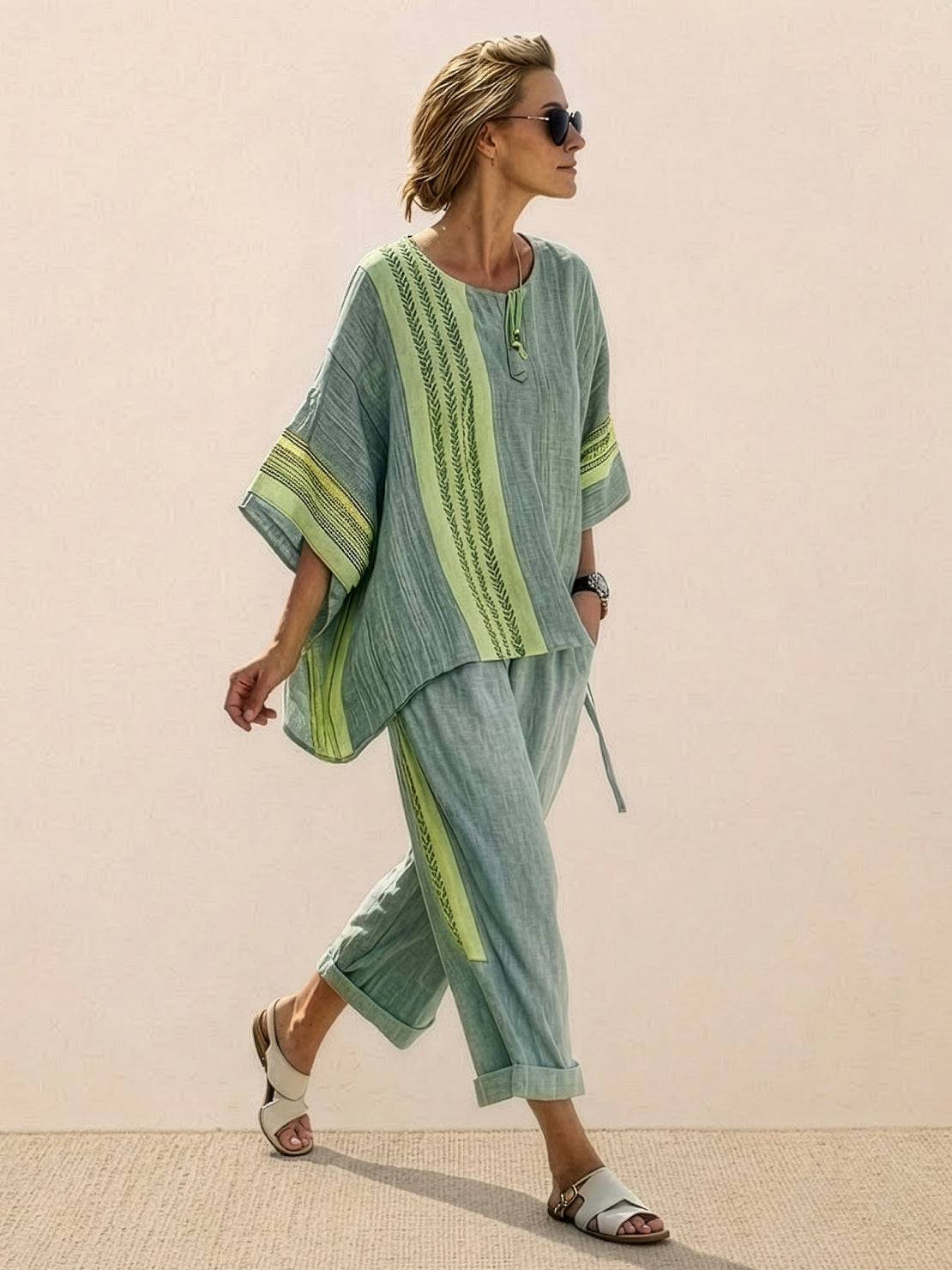 Women’s Two-Piece Set Floral Kimono Top and Striped Wide-Leg Pants