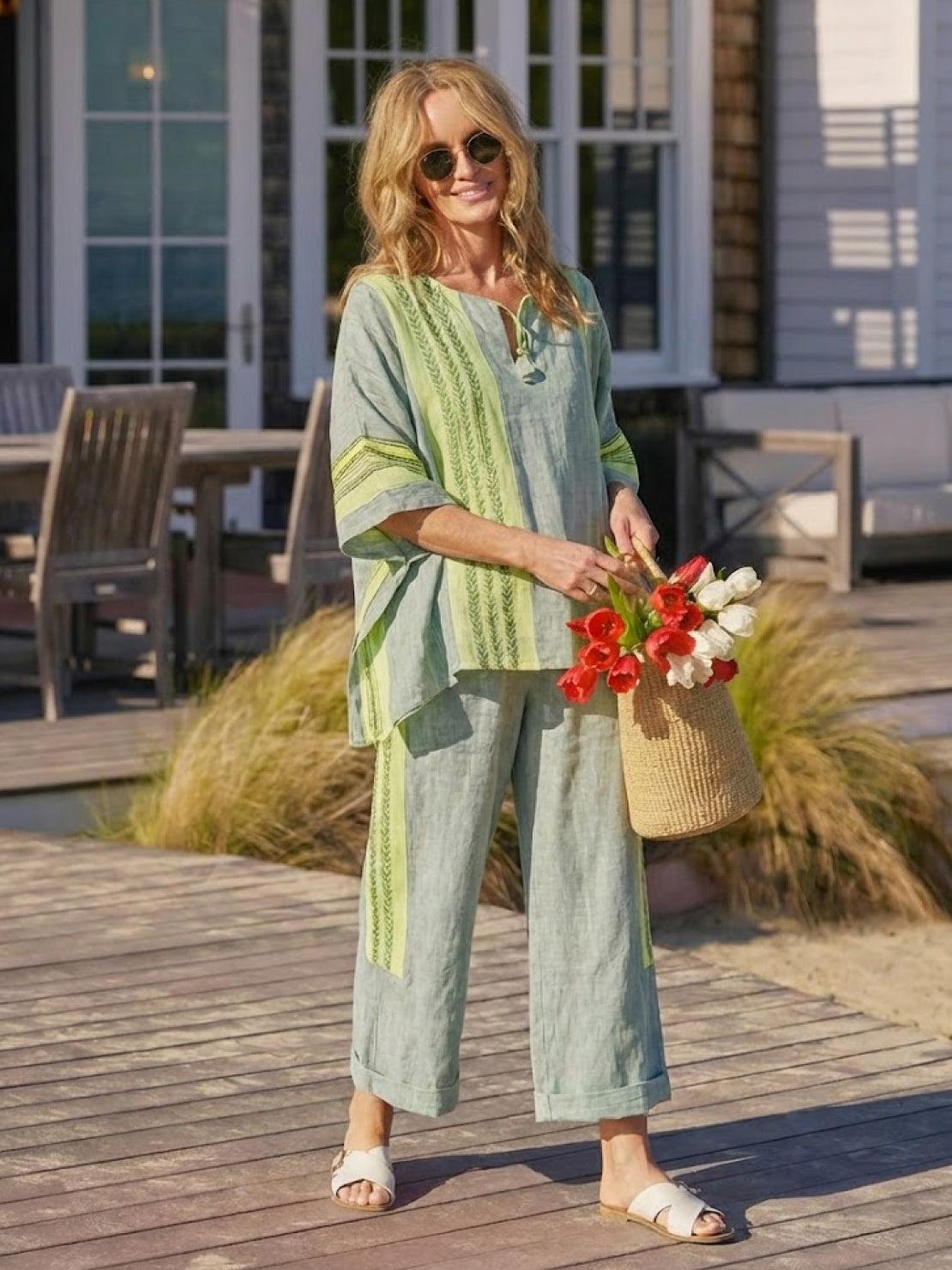 Women’s Two-Piece Set Floral Kimono Top and Striped Wide-Leg Pants