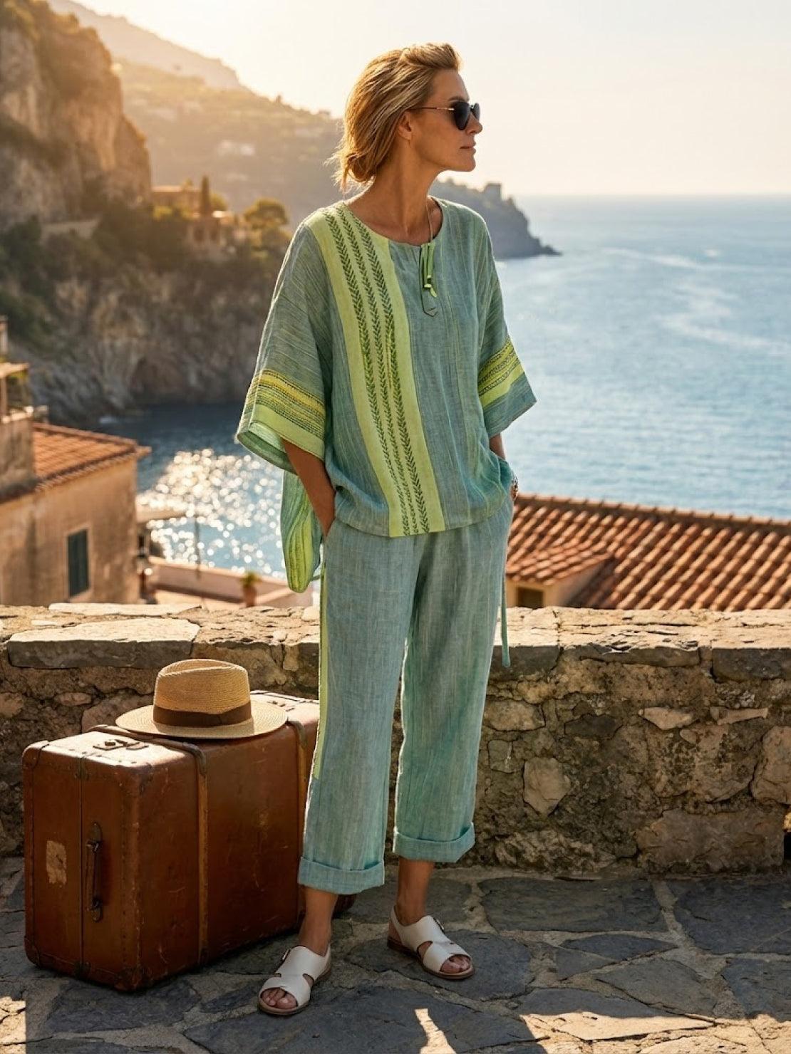 Women’s Two-Piece Set Floral Kimono Top and Striped Wide-Leg Pants
