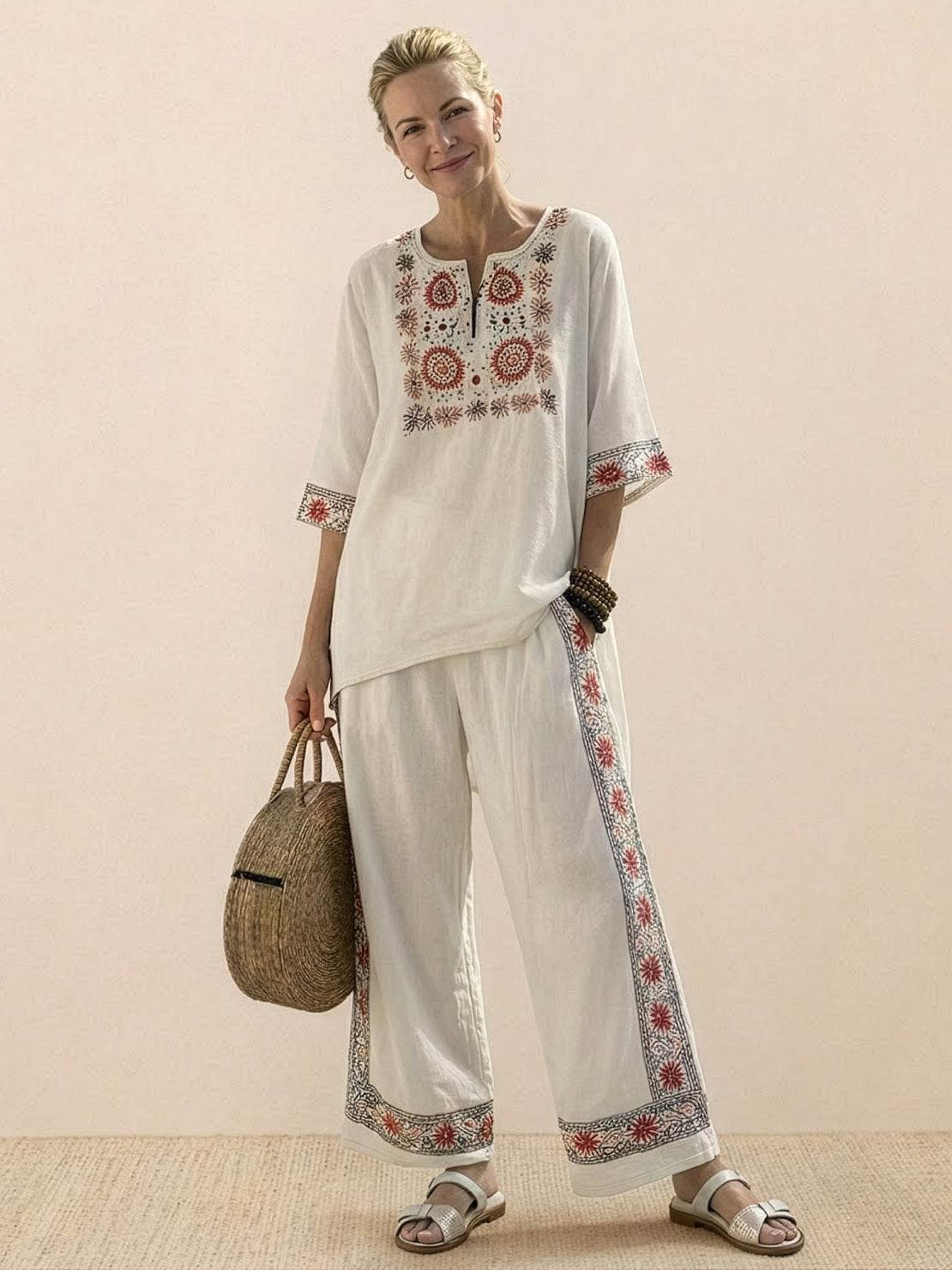 Women’s Two-Piece Set Floral Kimono Top and Striped Wide-Leg Pants
