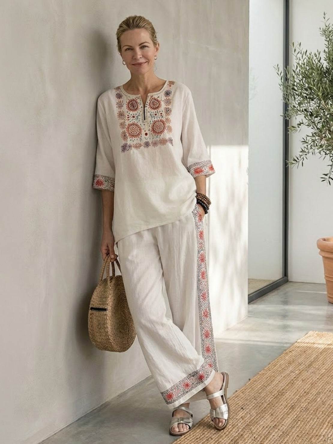 Women’s Two-Piece Set Floral Kimono Top and Striped Wide-Leg Pants