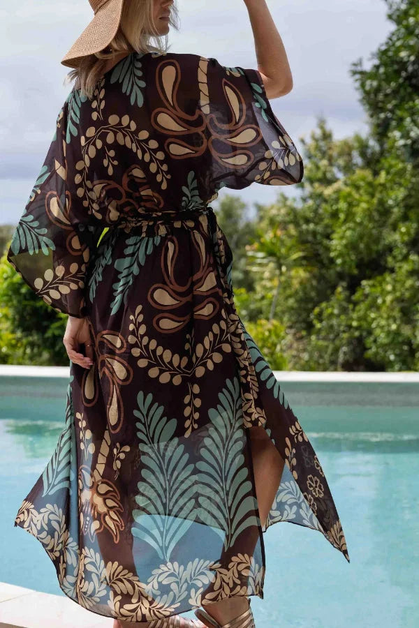 Women’s Chiffon Maxi Kaftan with Bohemian Palm Print and Adjustable Waist Belt