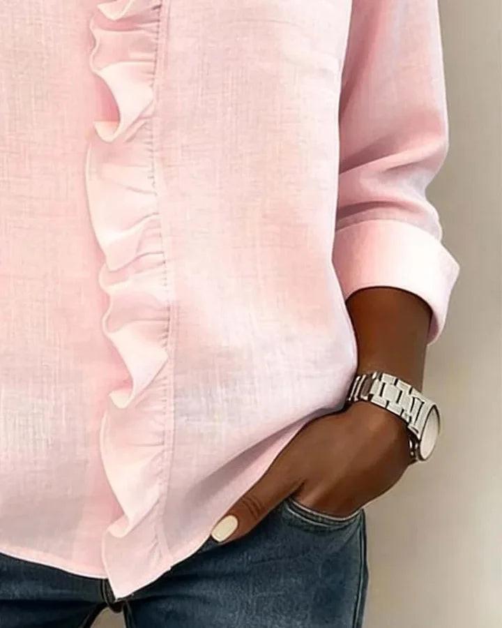 Women's Linen Ruffle-Trim Button-Front Blouse With Roll-Up Sleeves