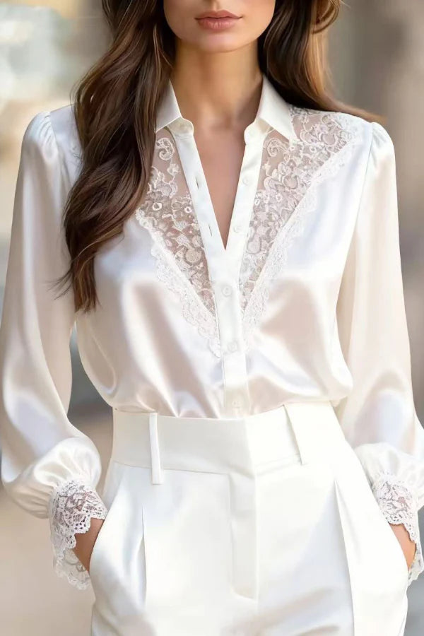 Women’s Satin Button Down Shirt with V-Neck Patchwork Lace and Elegant Puff Sleeves