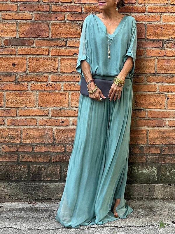 Women’s Two Piece Wide Leg Pant Set with V Neck Chiffon Tunic Top