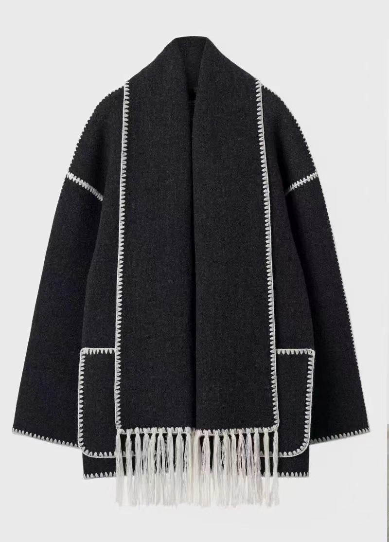 Women's Cape Coat with Contrast Trim and Fringe Detail