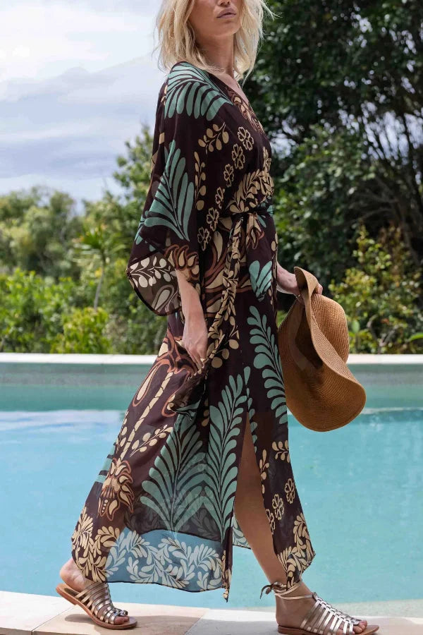 Women’s Chiffon Maxi Kaftan with Bohemian Palm Print and Adjustable Waist Belt
