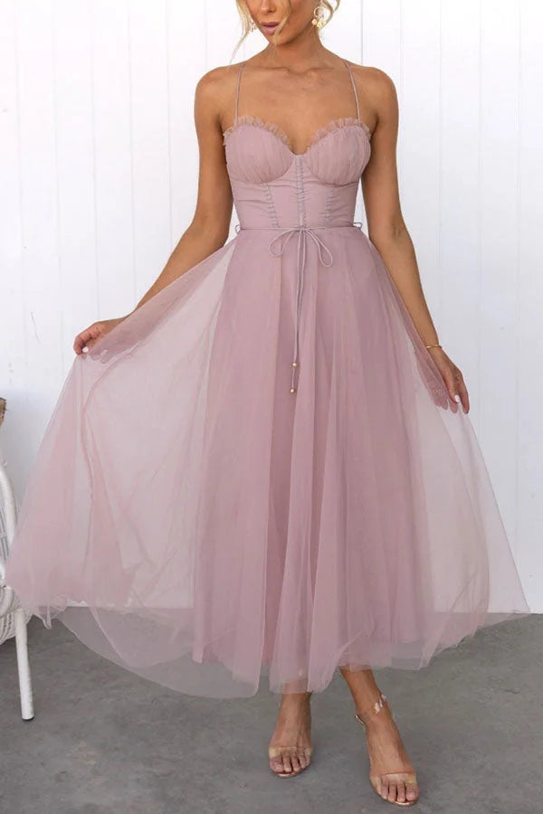 Women’s Tulle Bustier Midi Dress with Corset Bodice and Ruched Cups