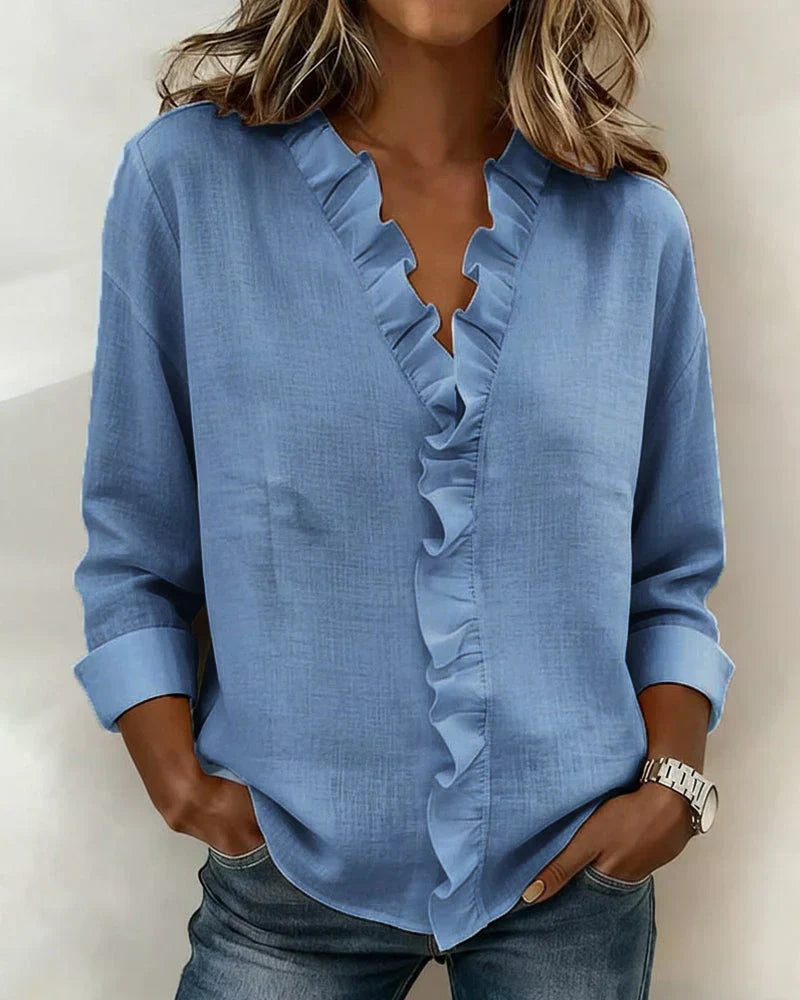 Women's Linen Ruffle-Trim Button-Front Blouse With Roll-Up Sleeves