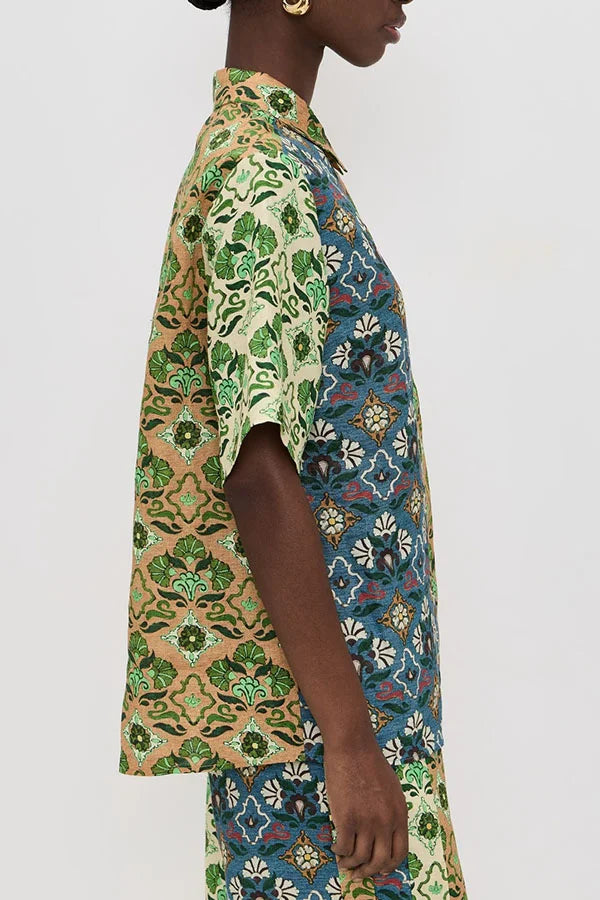 Women’s Two-Piece Set with Floral Patchwork Blouse and Wide Leg Pocket Pants