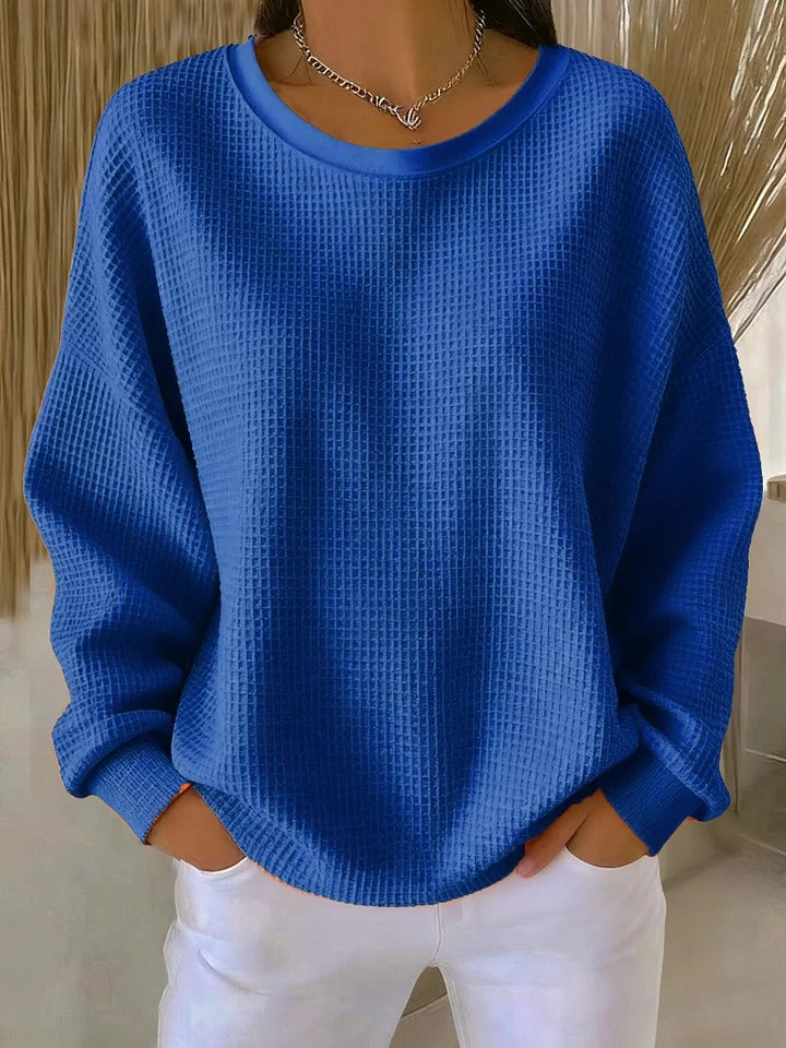 Women's Oversized Waffle Knit Dropped Shoulder Sweater With Ribbed Trim