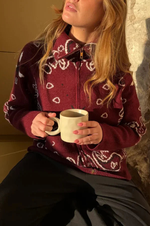 Women's Knit Zip-Up Sweater with Jacquard Paisley Print and High Turtleneck