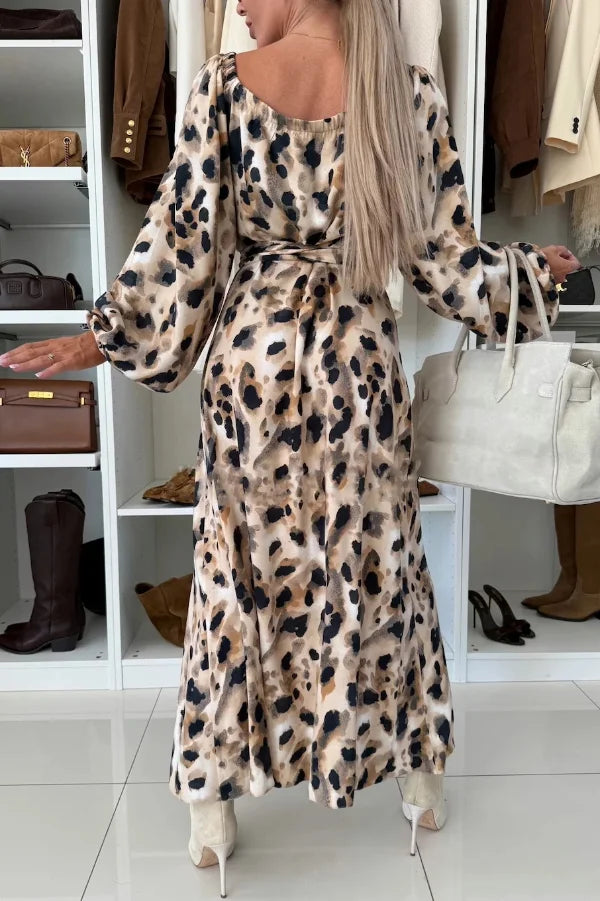 Women's Long Sleeve V-Neck Maxi Dress with Waist Tie and Side Slit Detail