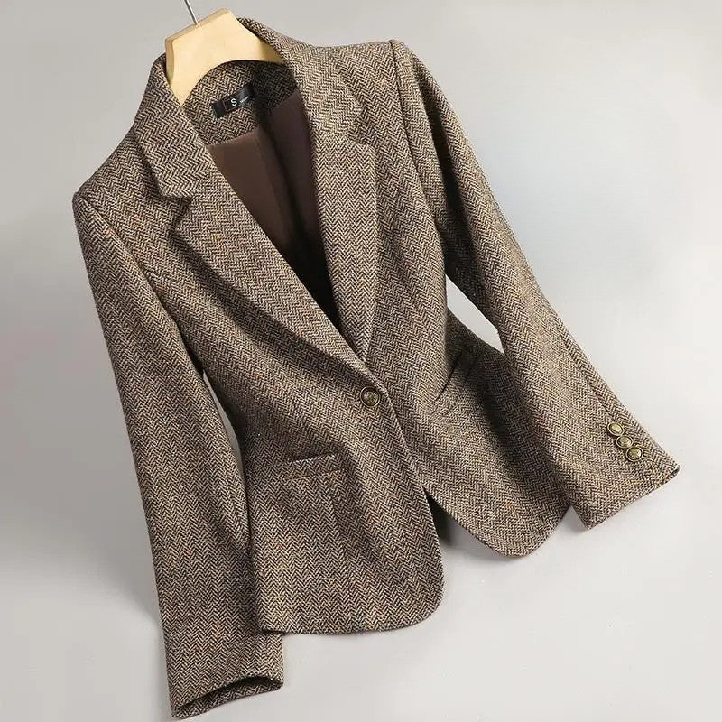Women's Herringbone Single-Button Blazer With Notch Lapel