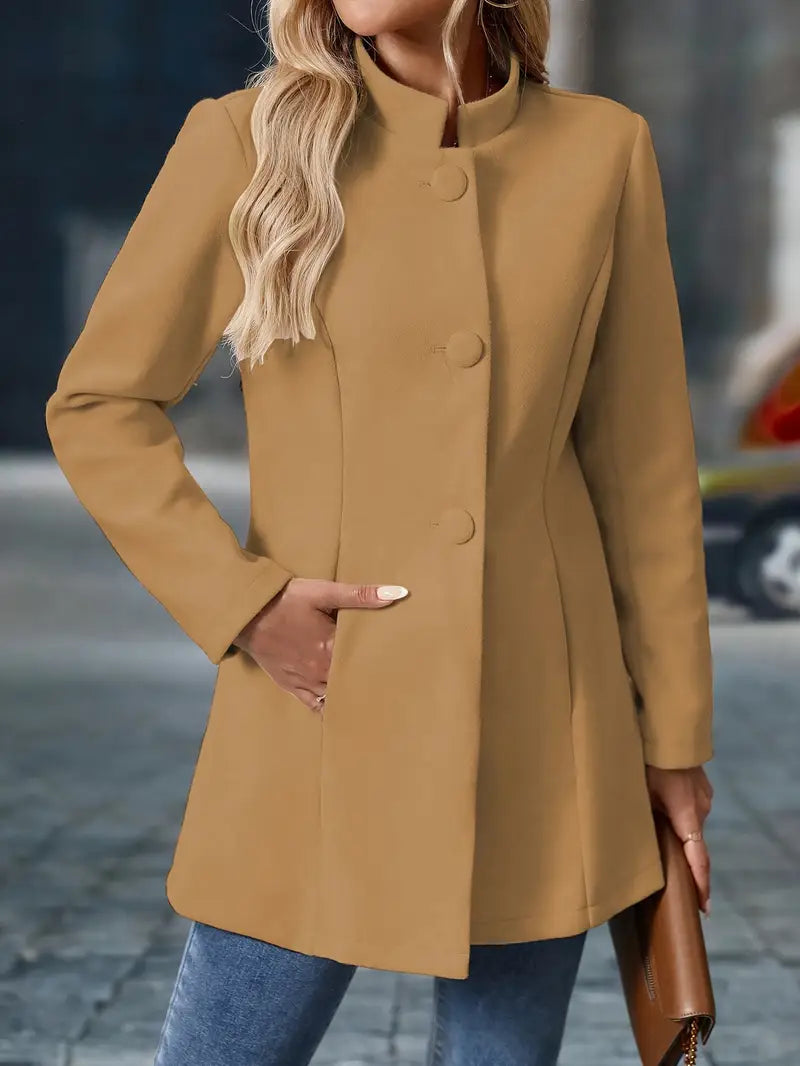 Women's Collarless Tailored Wool-Blend Coat With Long Sleeves