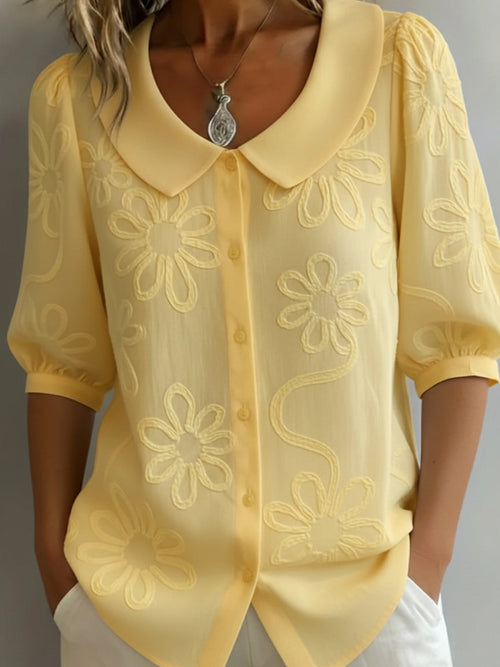 Women's Embroidered Floral Peter Pan Collar Puff Sleeve Blouse