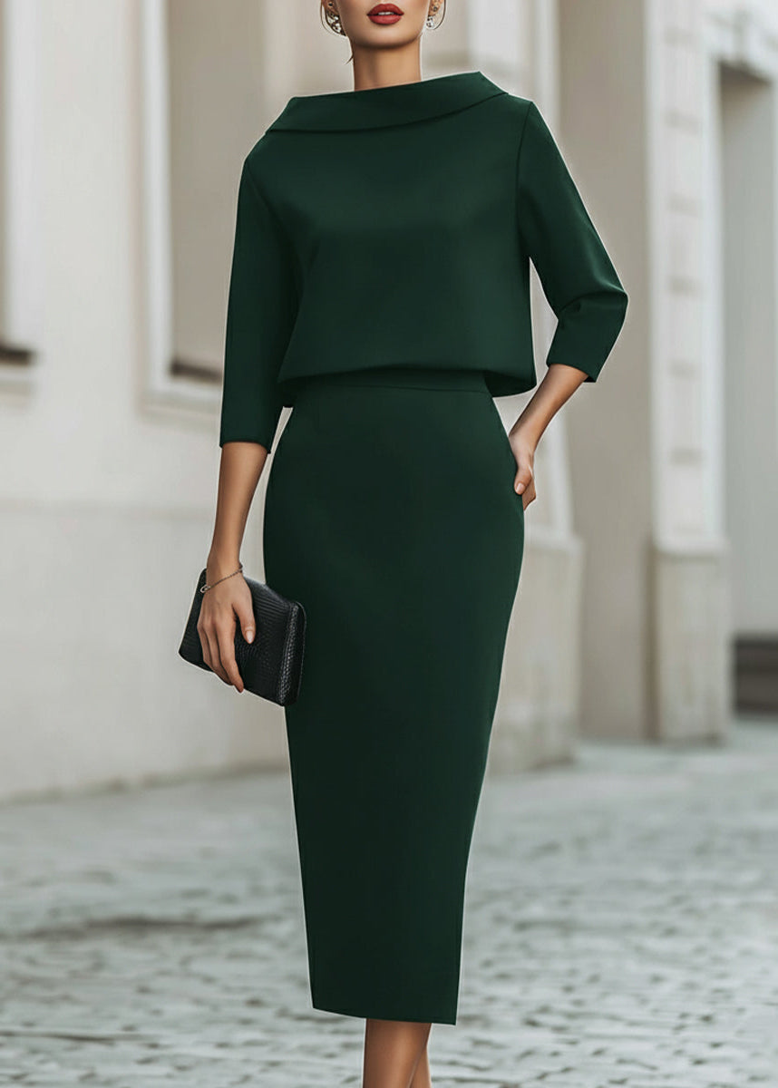 Ceylan Women’s Boat Neck Midi Skirt Set with Elegant 3/4 Sleeves