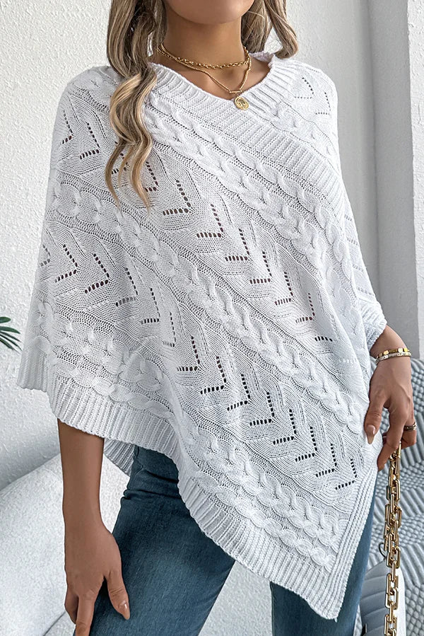 Women’s Knitted Cape with Openwork Pointelle Stitch and Scalloped Hem