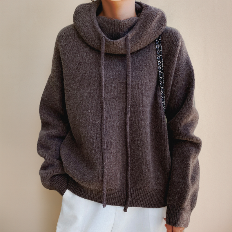 Women's Oversized Knit Pullover Sweater with Cowl Neck and Drawstring Hoodie Detail