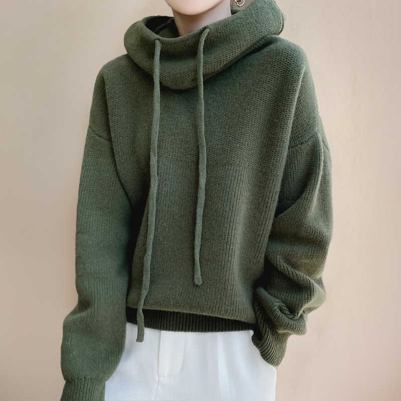 Women's Oversized Knit Pullover Sweater with Cowl Neck and Drawstring Hoodie Detail
