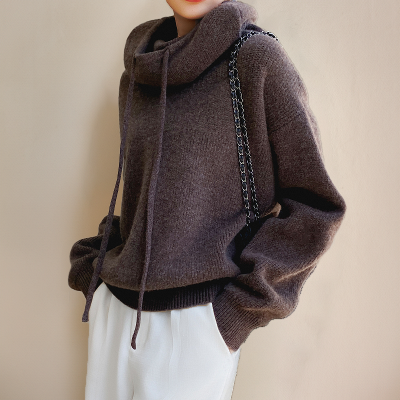 Women's Oversized Knit Pullover Sweater with Cowl Neck and Drawstring Hoodie Detail