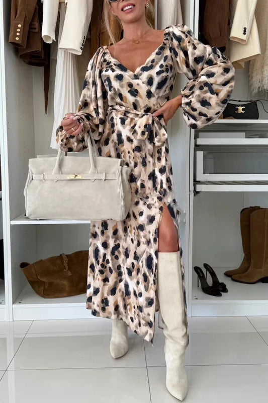 Women's Long Sleeve V-Neck Maxi Dress with Waist Tie and Side Slit Detail
