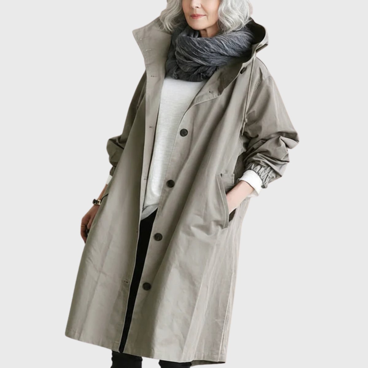 Women's Long Hooded Trench Coat with Button Front