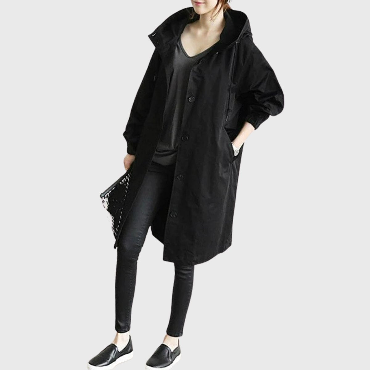 Women's Long Hooded Trench Coat with Button Front