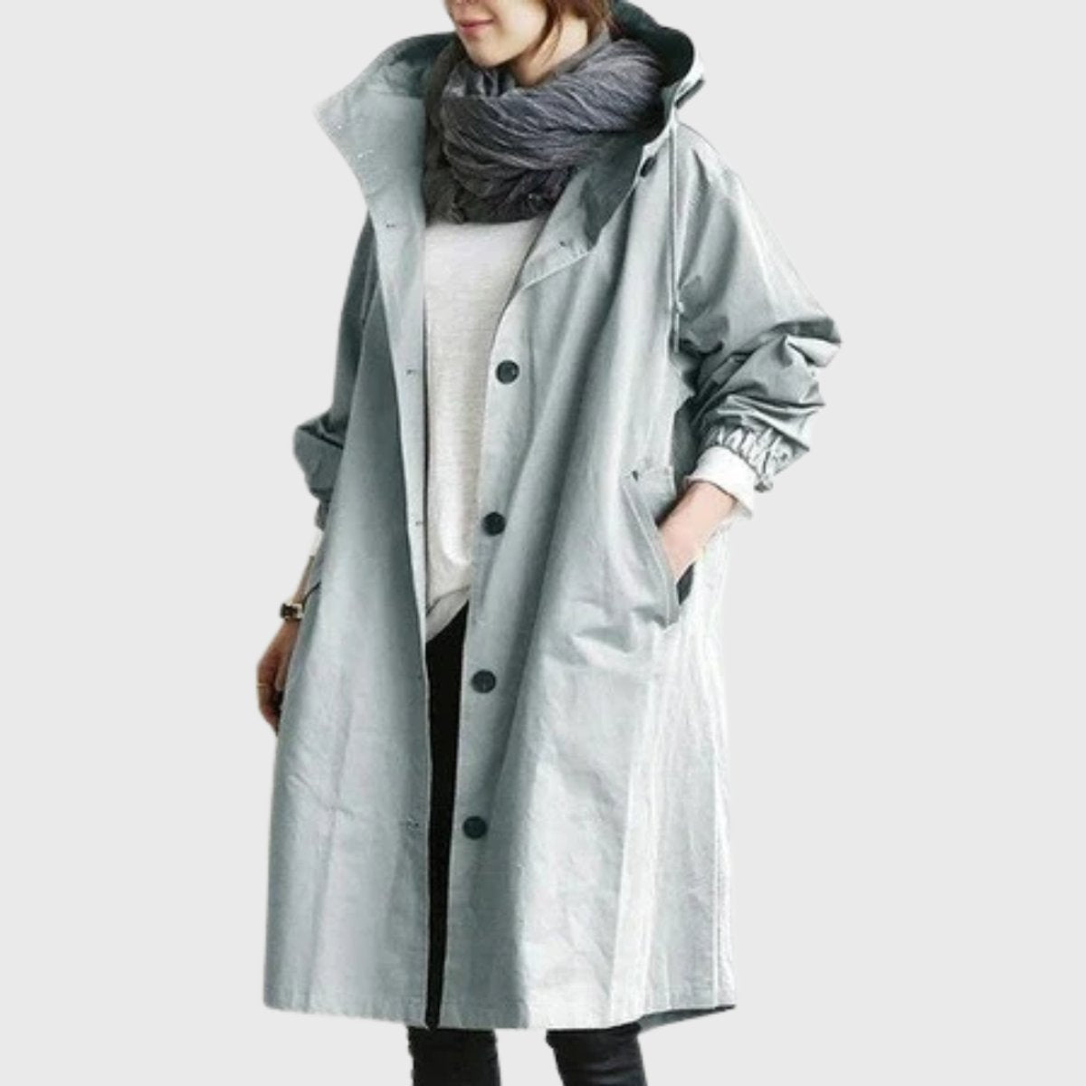 Women's Long Hooded Trench Coat with Button Front