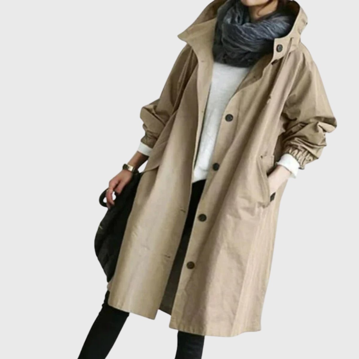 Women's Long Hooded Trench Coat with Button Front