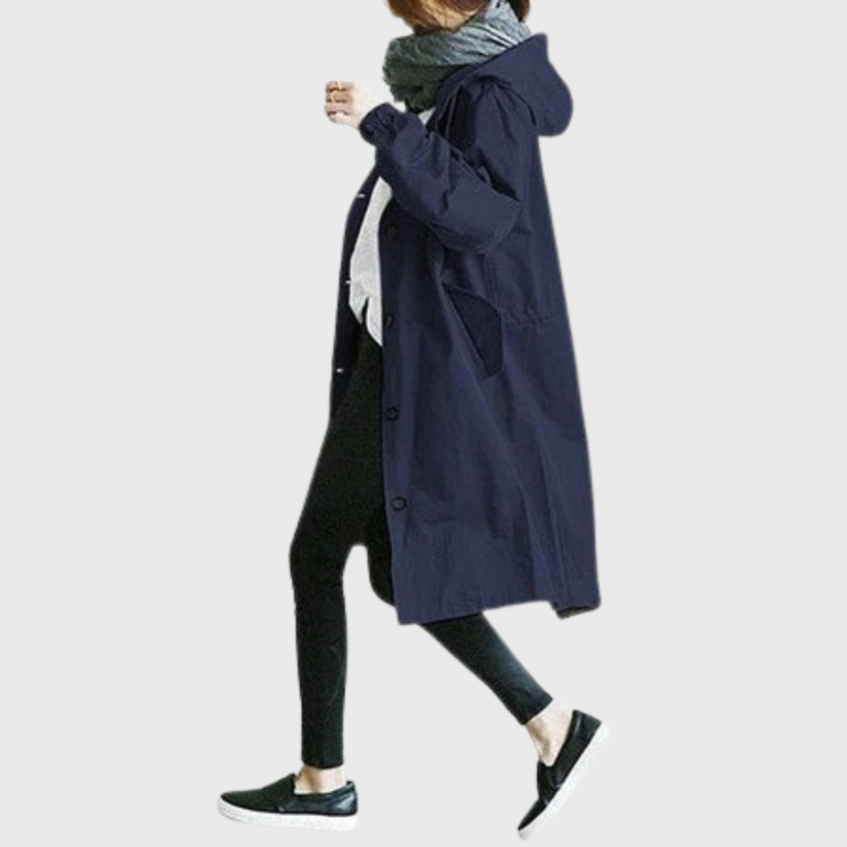 Women's Long Hooded Trench Coat with Button Front