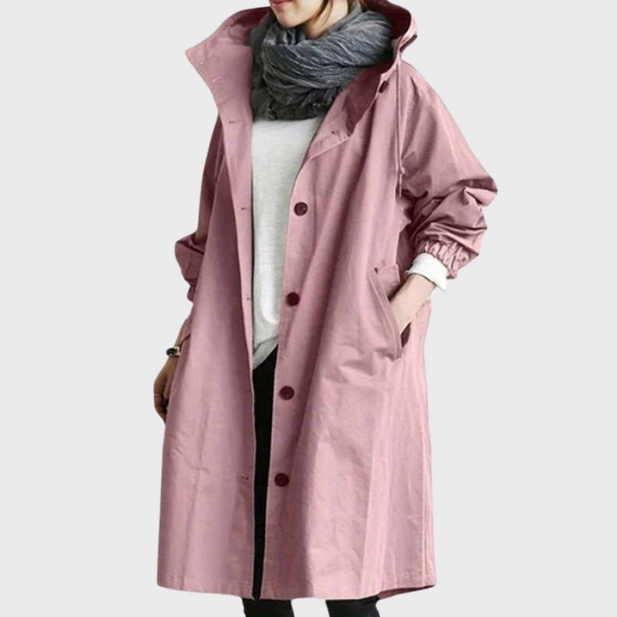 Women's Long Hooded Trench Coat with Button Front
