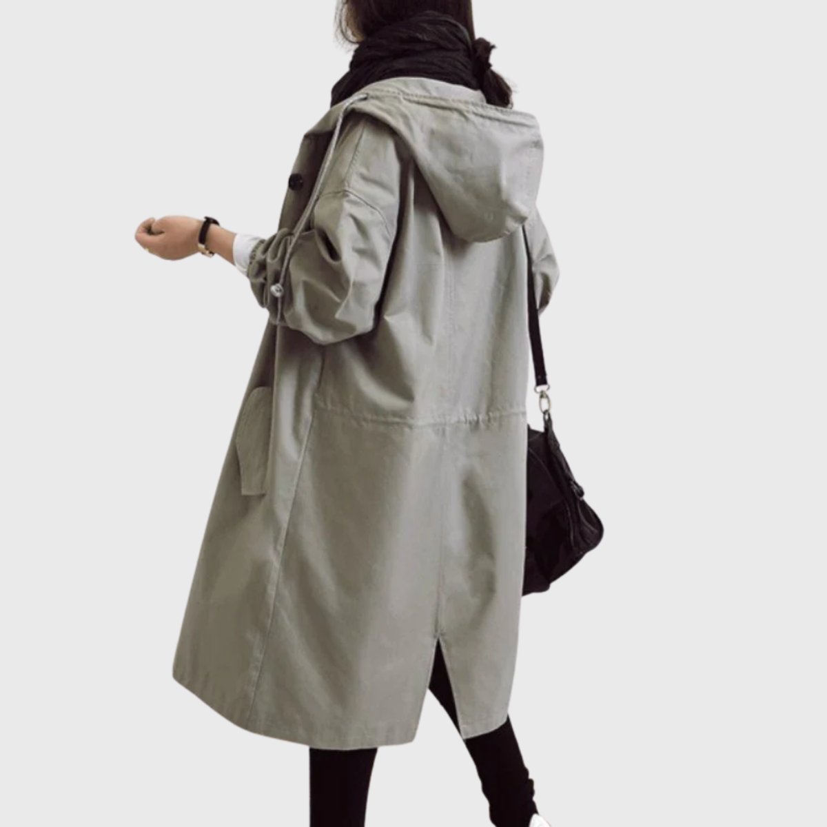 Women's Long Hooded Trench Coat with Button Front