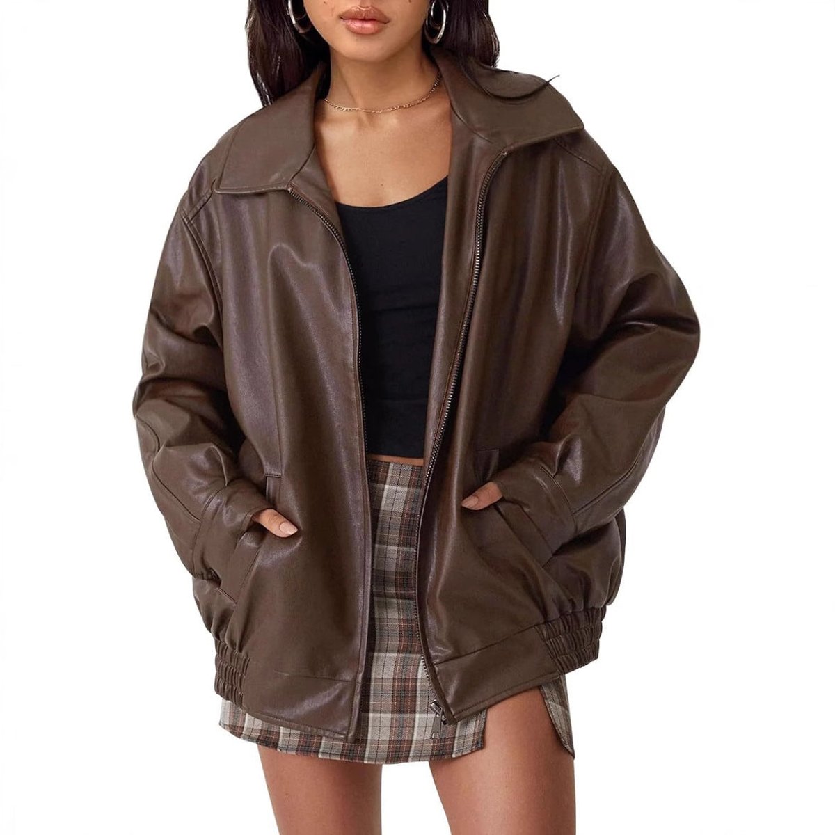 Women's Oversized Bomber Jacket with Collar and Zip Front