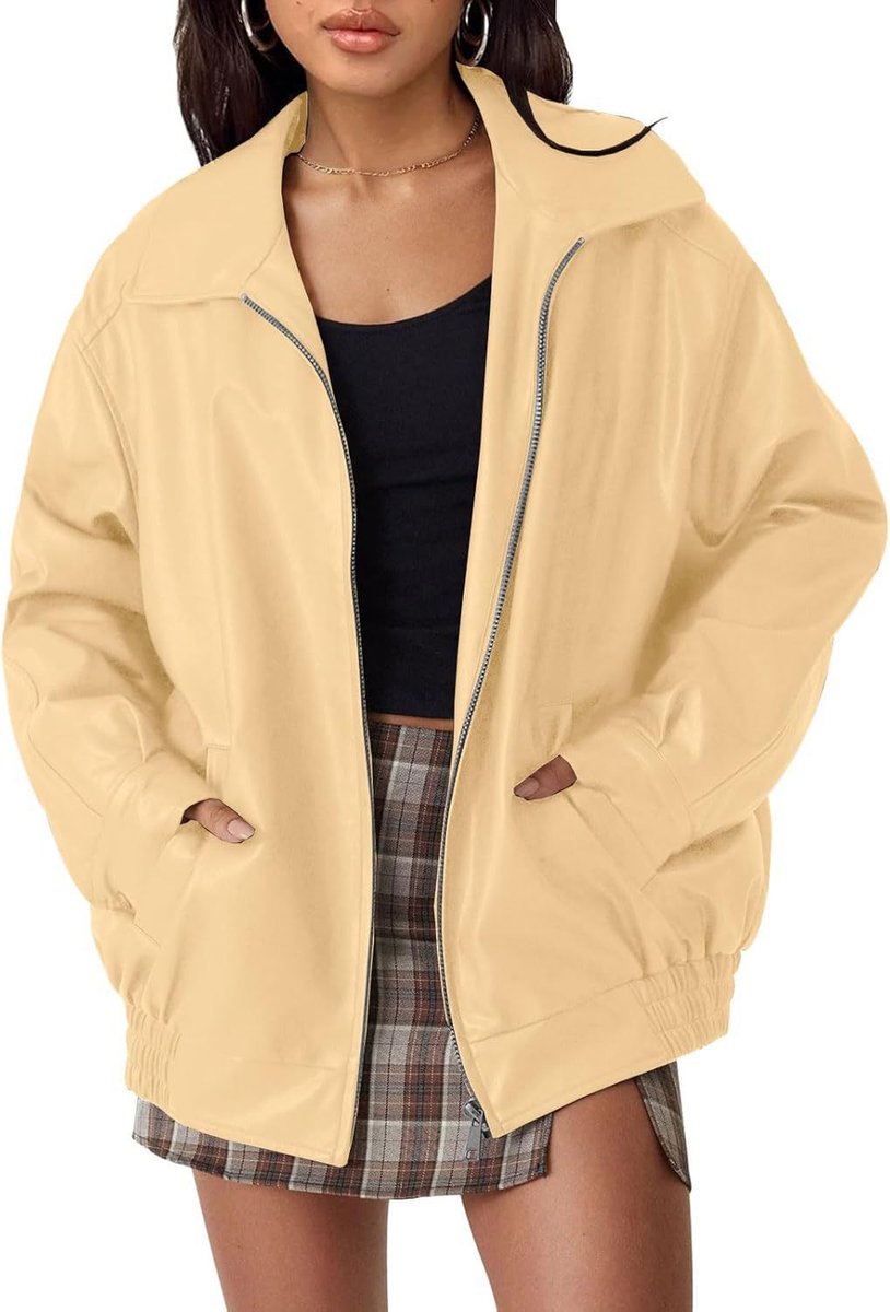 Women's Oversized Bomber Jacket with Collar and Zip Front