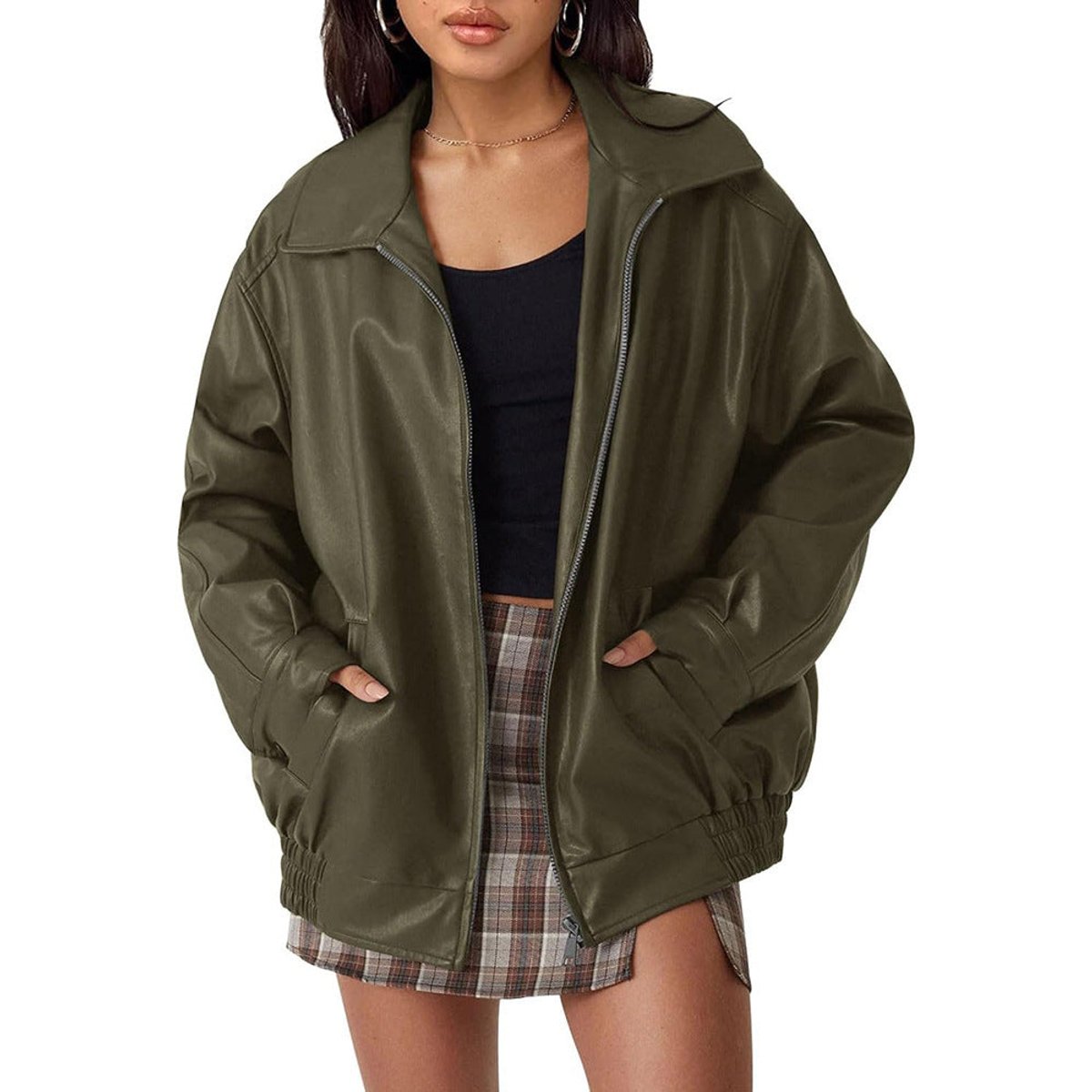 Women's Oversized Bomber Jacket with Collar and Zip Front
