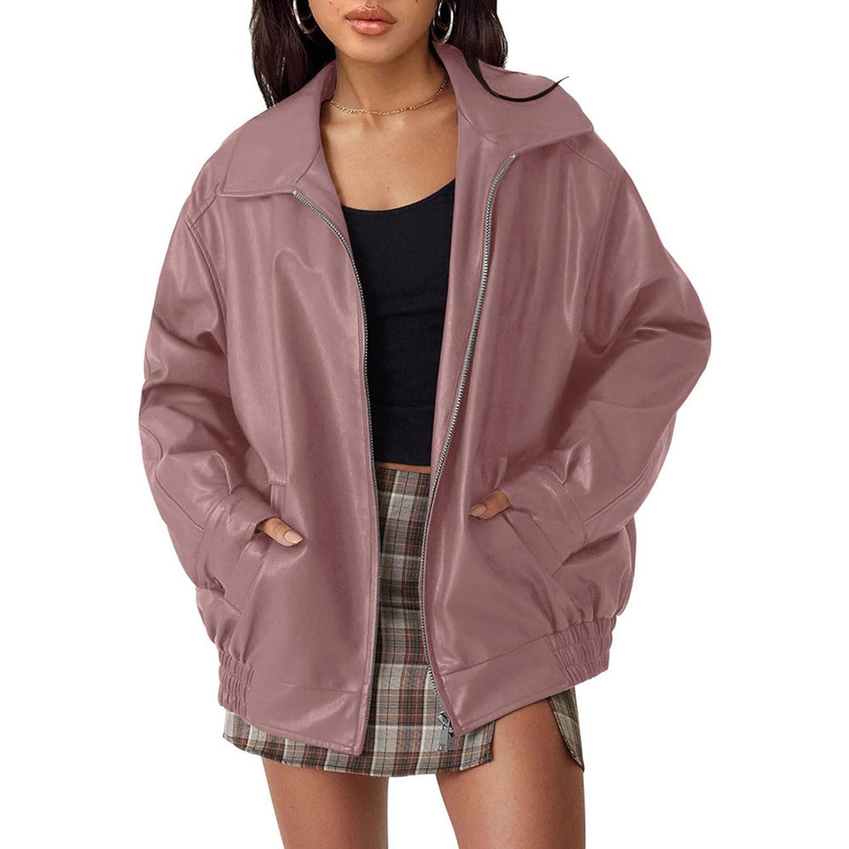 Women's Oversized Bomber Jacket with Collar and Zip Front