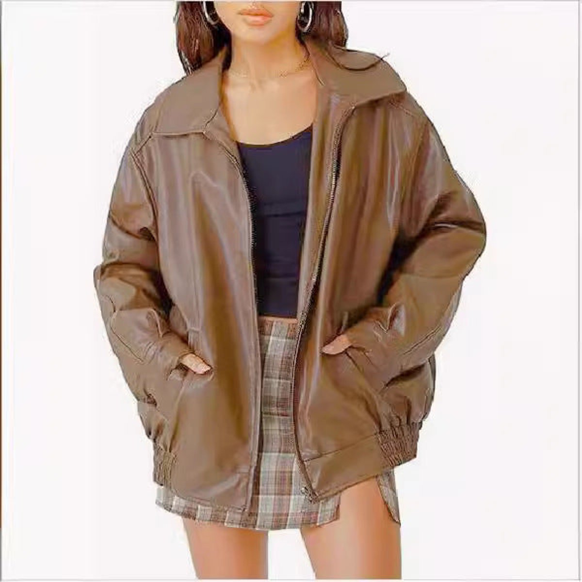Women's Oversized Bomber Jacket with Collar and Zip Front
