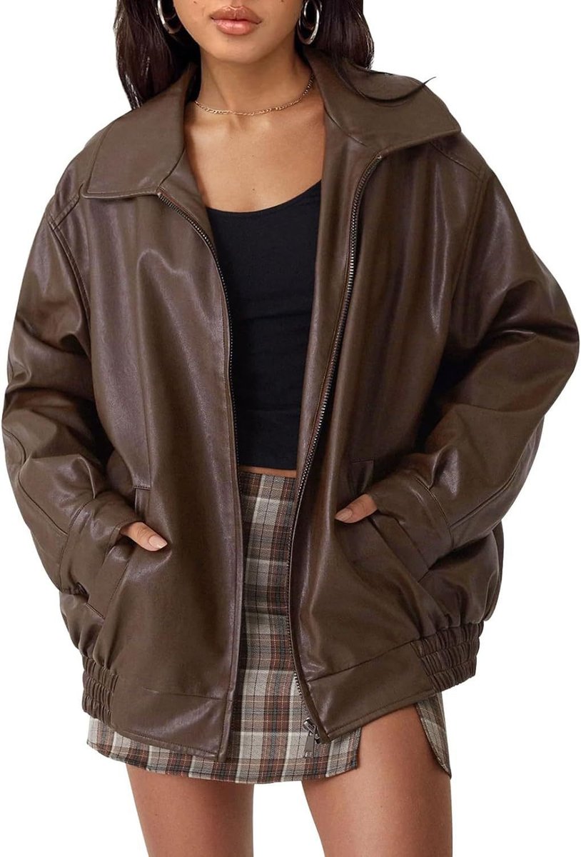 Women's Oversized Bomber Jacket with Collar and Zip Front