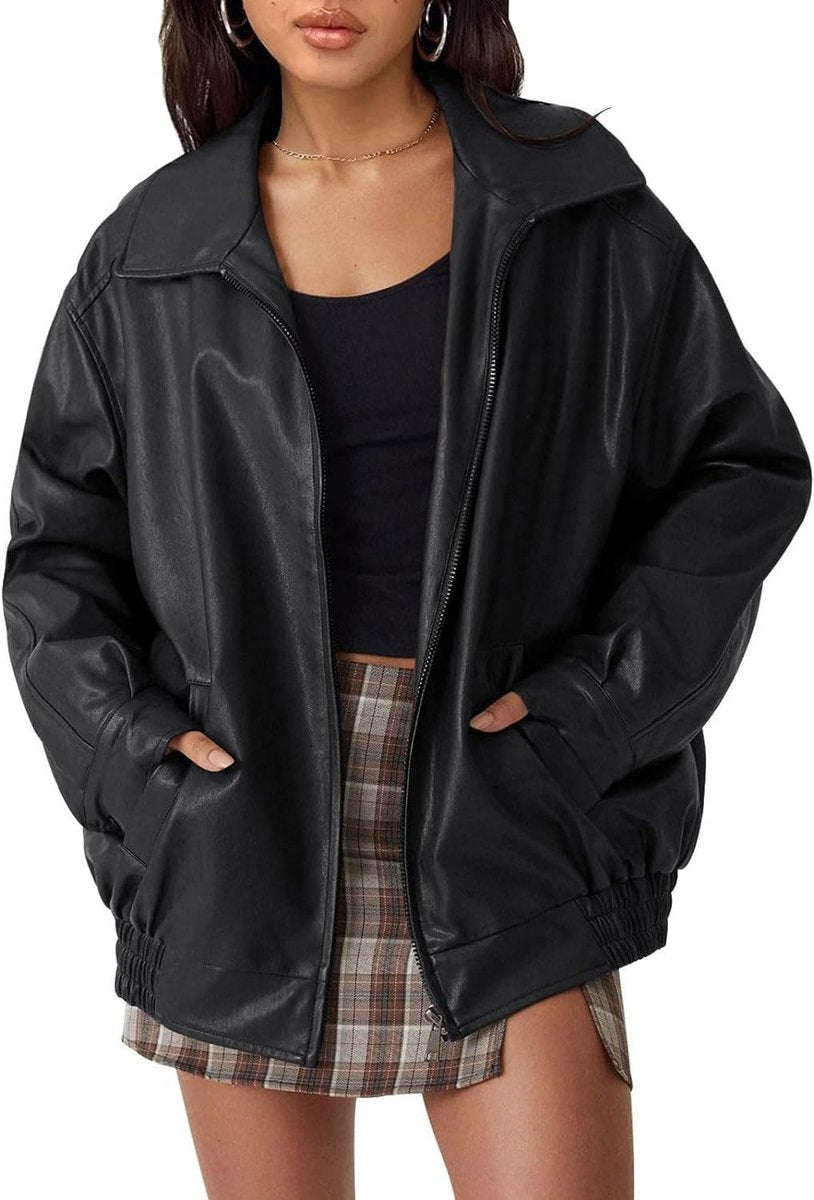 Women's Oversized Bomber Jacket with Collar and Zip Front